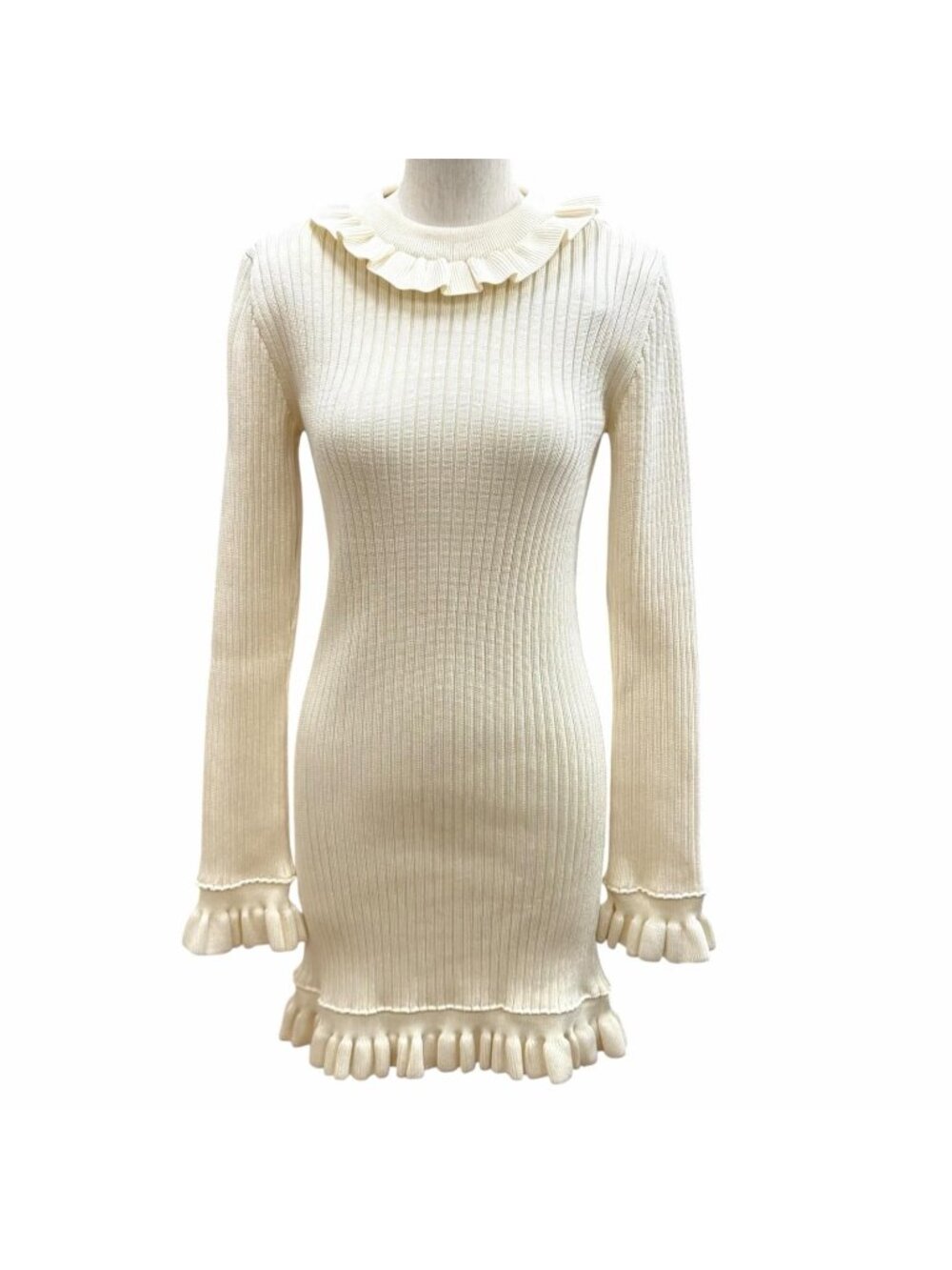 Louis Vuitton Wool Blend Ruffle Design Rib Knit Dress Ivory